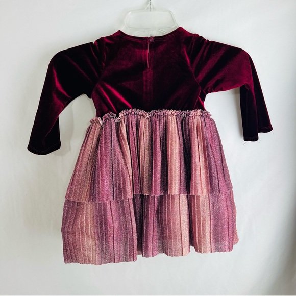 Pastourelle by Pippa & Julie Burgundy Velvet Dress with Shimmer Ruffles - Picture 2 of 11